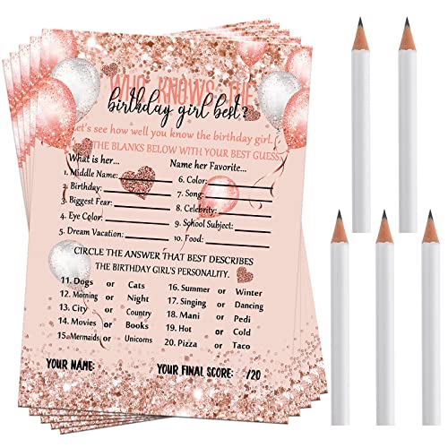 Leinuosen Who Knows The Birthday Girl Best Card 50 Pcs Birthday Party Game Set Girly Pink Rose Gold Sprinkles Themed Cards with 10 Pre Pointed Pencils for Teen Sweet Sleepover Party - Image 1