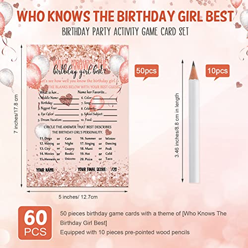 Leinuosen Who Knows The Birthday Girl Best Card 50 Pcs Birthday Party Game Set Girly Pink Rose Gold Sprinkles Themed Cards with 10 Pre Pointed Pencils for Teen Sweet Sleepover Party - Image 2