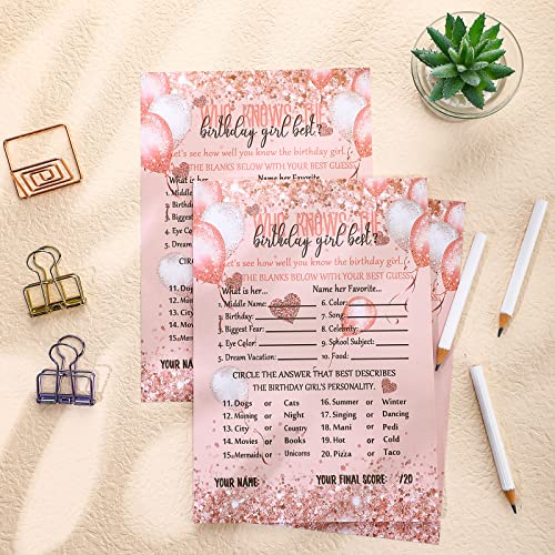 Leinuosen Who Knows The Birthday Girl Best Card 50 Pcs Birthday Party Game Set Girly Pink Rose Gold Sprinkles Themed Cards with 10 Pre Pointed Pencils for Teen Sweet Sleepover Party - Image 4