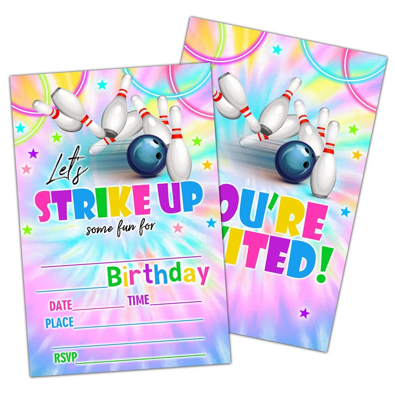 NYCTUG Tie Dye Neon Bowling Birthday Party Invitation Lets Strike Up Colorful Invite Cards For Kids Boys Girls 20 DoubleSided FillIn Invitation With EnvelopesParty Favors And SuppliesD20