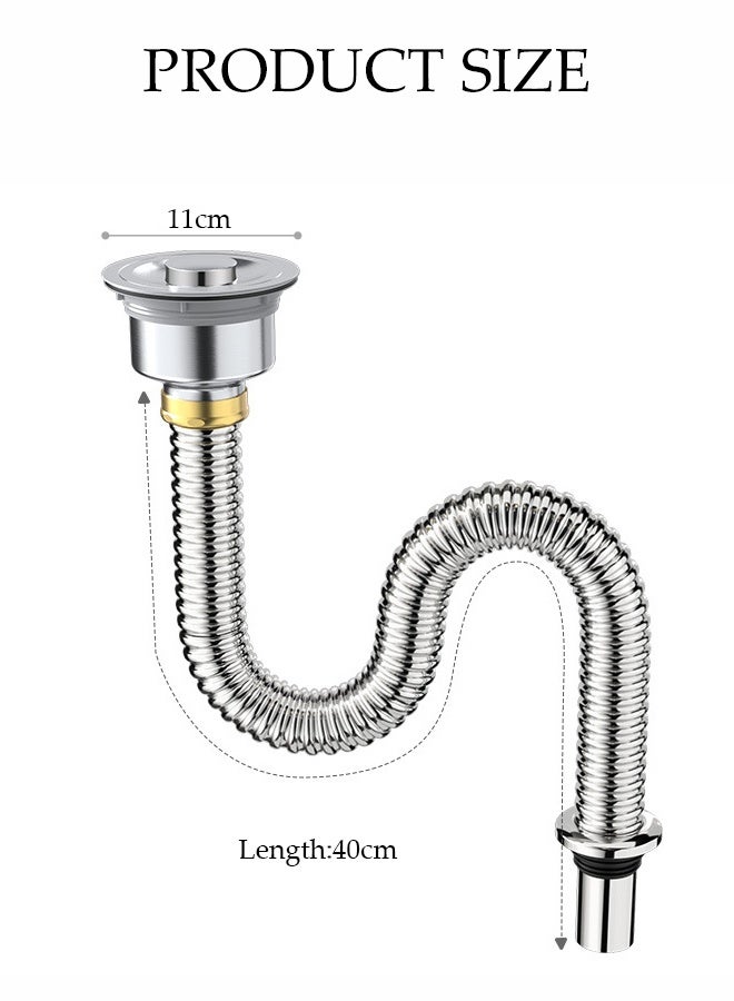DUNISO أنبوب تصريف حوض المطبخ والحمام من الفولاذ المقاوم للصدأ، مجموعة تصريف حوض المطبخ، مجموعة أنبوب تصريف حوض قابل للتوسيع من الفولاذ المقاوم للصدأ، أنبوب تصريف P Trap، أنبوب تصريف حوض الغسيل المتكامل، مقاومة عالية لدرجات الحرارة ومنع الروائح، 40 سم - Image 3
