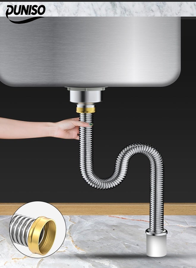 DUNISO أنبوب تصريف حوض المطبخ والحمام من الفولاذ المقاوم للصدأ، مجموعة تصريف حوض المطبخ، مجموعة أنبوب تصريف حوض قابل للتوسيع من الفولاذ المقاوم للصدأ، أنبوب تصريف P Trap، أنبوب تصريف حوض الغسيل المتكامل، مقاومة عالية لدرجات الحرارة ومنع الروائح، 40 سم - Image 2