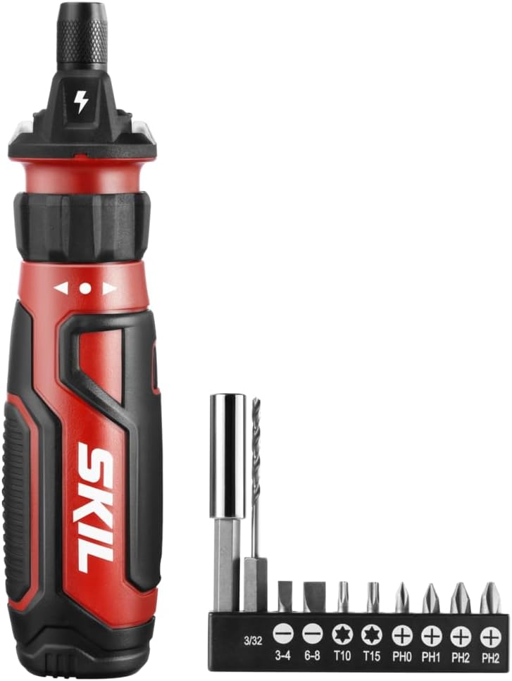 SKIL Rechargeable 4V Cordless Screwdriver with Circuit Sensor Technology, Includes 9pcs Bit, 1pc Bit Holder, USB Charging Cable - SD561201, Red - Image 1