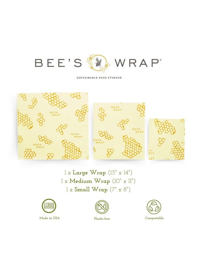 بيز راب أغلفة طعام من شمع العسل قابلة لإعادة الاستخدام من Bee's Wrap، مصنوعة في الولايات المتحدة الأمريكية، أغلفة طعام من شمع العسل صديقة للبيئة، أغلفة طعام من القطن العضوي المستدام، عبوة من 3 قطع متنوعة (صغير، متوسط، كبير)، قرص العسل  - Image 2