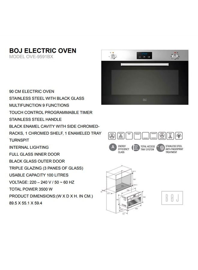 BOJ 90CM Built In Electric Oven OVE 9591BX 9Multi Function Cooker Full Glass Inner Door Black Glass Outer Door Fully Electric Oven Made In Italy - Image 4