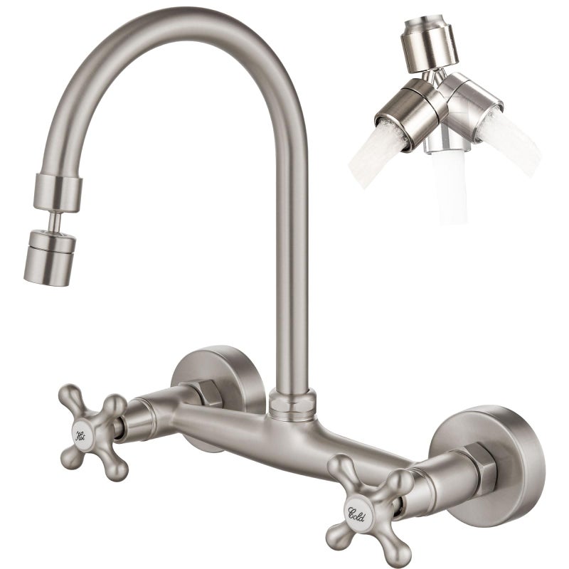 Airuida Wall Mount Kitchen Faucet with Sprayer Wall Mounted Kitchen Sink Faucet Double Cross Handles 360 Degree Swivel Spout Restaurant Mixer Tap Commercial 8 Inch Center Brushed Nickel - Image 1