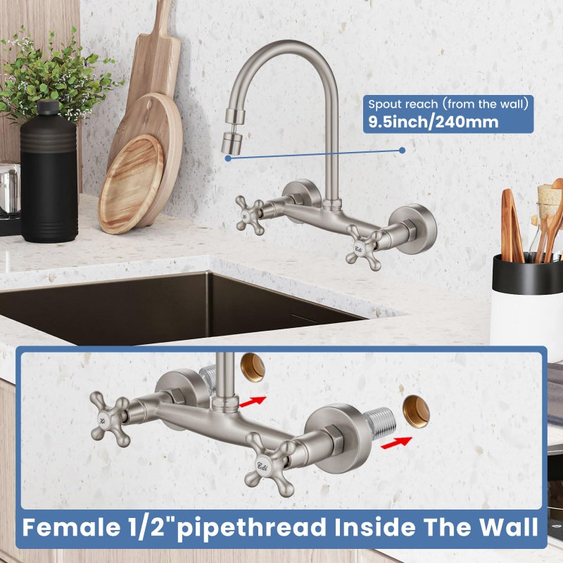 Airuida Wall Mount Kitchen Faucet with Sprayer Wall Mounted Kitchen Sink Faucet Double Cross Handles 360 Degree Swivel Spout Restaurant Mixer Tap Commercial 8 Inch Center Brushed Nickel - Image 3