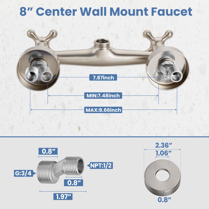 Airuida Wall Mount Kitchen Faucet with Sprayer Wall Mounted Kitchen Sink Faucet Double Cross Handles 360 Degree Swivel Spout Restaurant Mixer Tap Commercial 8 Inch Center Brushed Nickel - Image 5