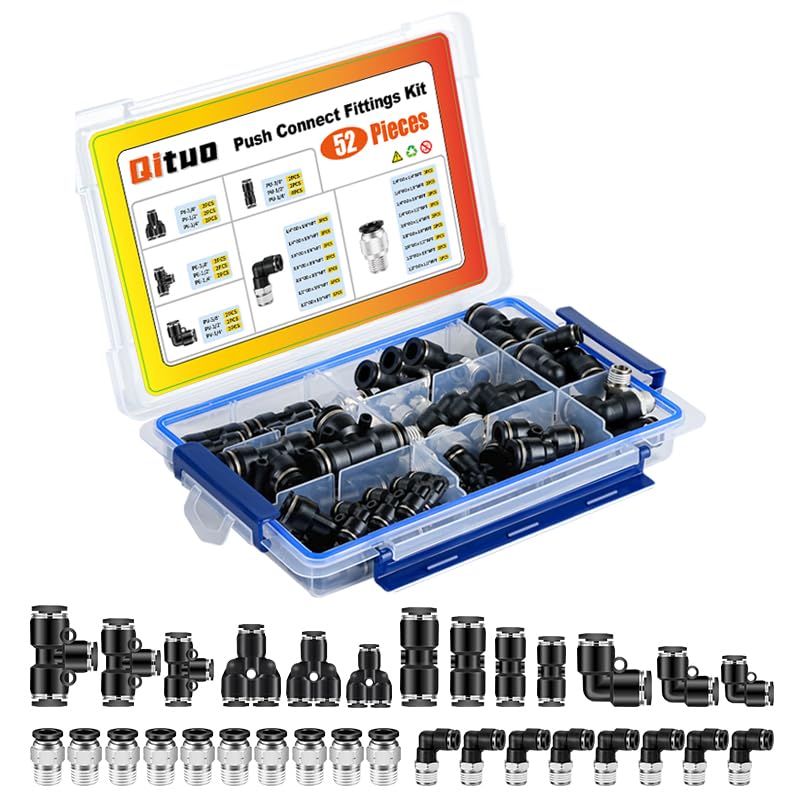 QITUO 52Pcs Push to Connect Fittings Kits with NPT Thread18 14 38 12 Quick Connect Air Line Fittings Kit Pneumatic Fittings Air Hose Fittings Air Fittings assortment kit - Image 1