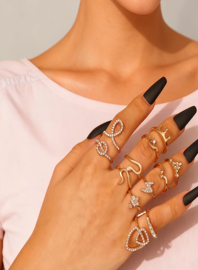 OATHYAN 5-6 Pcs 14K Gold Plated Open Rings Set for Women, Bow Rhinestones Design Chunky Y2K Stacking Rings Pack (Crown-6 pcs) - Image 2
