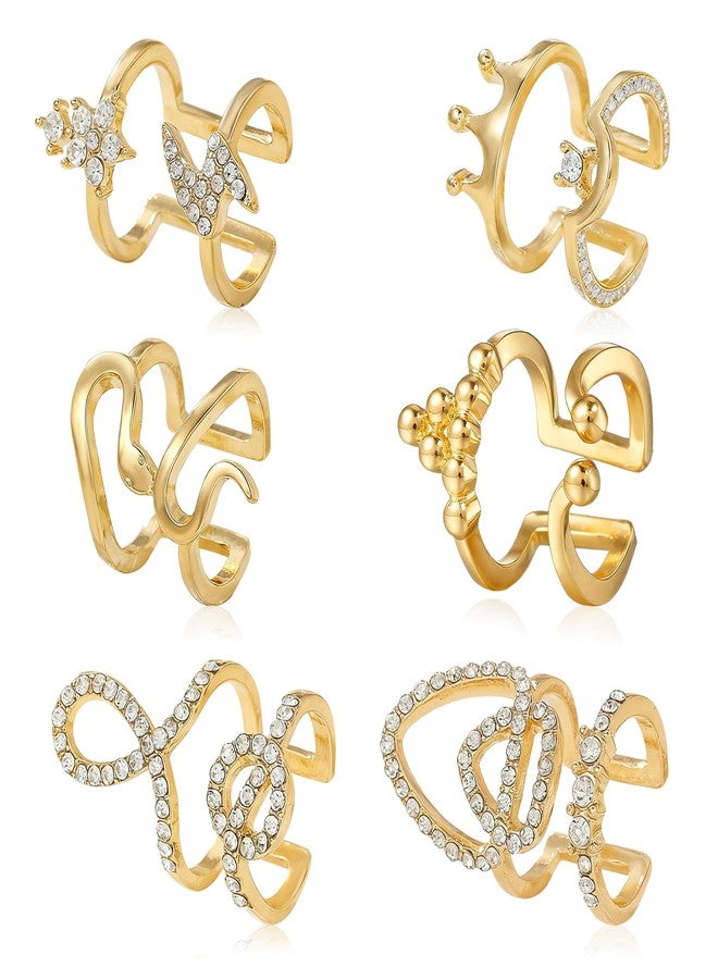 OATHYAN 5-6 Pcs 14K Gold Plated Open Rings Set for Women, Bow Rhinestones Design Chunky Y2K Stacking Rings Pack (Crown-6 pcs) - Image 1