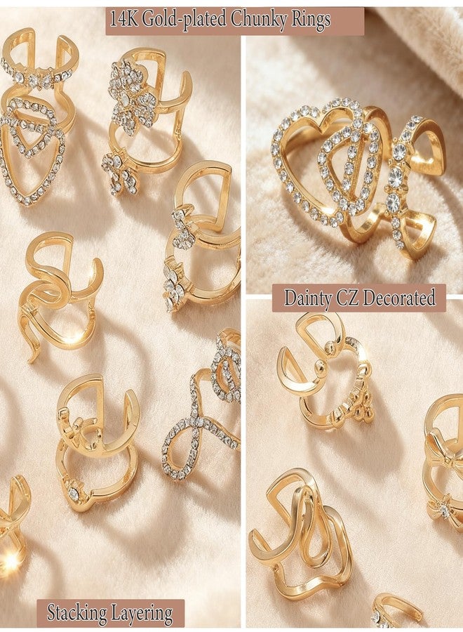 OATHYAN 5-6 Pcs 14K Gold Plated Open Rings Set for Women, Bow Rhinestones Design Chunky Y2K Stacking Rings Pack (Crown-6 pcs) - Image 3