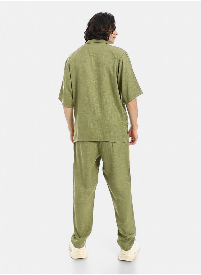 Red Circle Linen Turn Down Collar Shirt and Pants Set  - Image 3