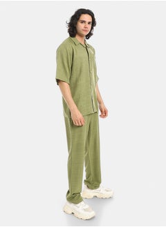 Red Circle Linen Turn Down Collar Shirt and Pants Set  - Image 2