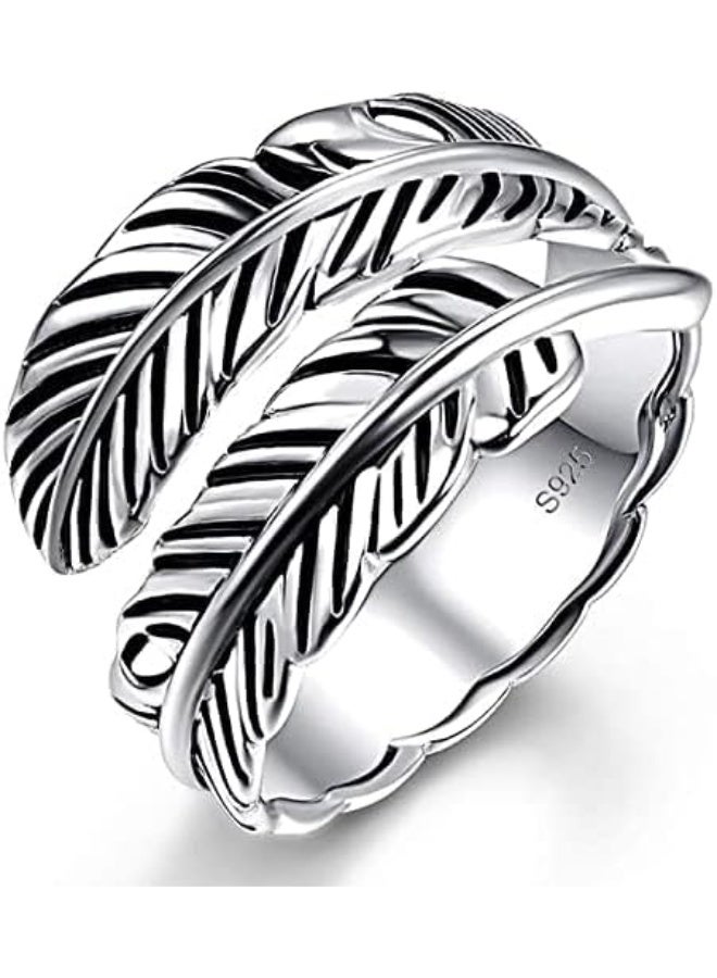 Sterling silver feather ring, adjustable and stackable vintage style, suitable for both women and men. - Image 1