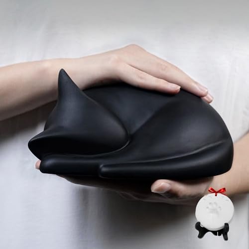 Benzoyl Sleeping Cat Urn for Ashes with Paw Print Kit, Capacity 0.5L, Carefully Handmade Resin Pet Urns for Cats, Thoughtful Pet Loss Gifts and Cat Memorial for Ashes Keepsake (Black) - Image 1
