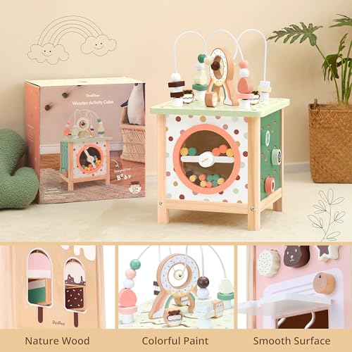 PairPear Wooden Activity Cube Montessori Toys Wooden Play Cube Activity Center Baby Busy Board Multifunctional Early Educational Development Toys Sensory Gifts for Toddlers Girls Boys 1 2 3 Year Old - Image 4