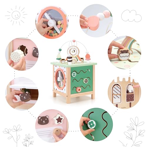 PairPear Wooden Activity Cube Montessori Toys Wooden Play Cube Activity Center Baby Busy Board Multifunctional Early Educational Development Toys Sensory Gifts for Toddlers Girls Boys 1 2 3 Year Old - Image 3