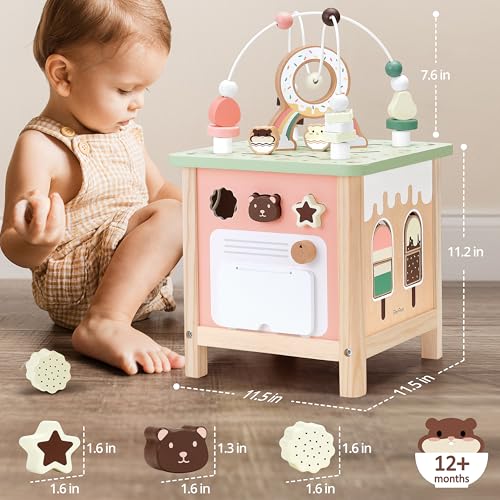PairPear Wooden Activity Cube Montessori Toys Wooden Play Cube Activity Center Baby Busy Board Multifunctional Early Educational Development Toys Sensory Gifts for Toddlers Girls Boys 1 2 3 Year Old - Image 2