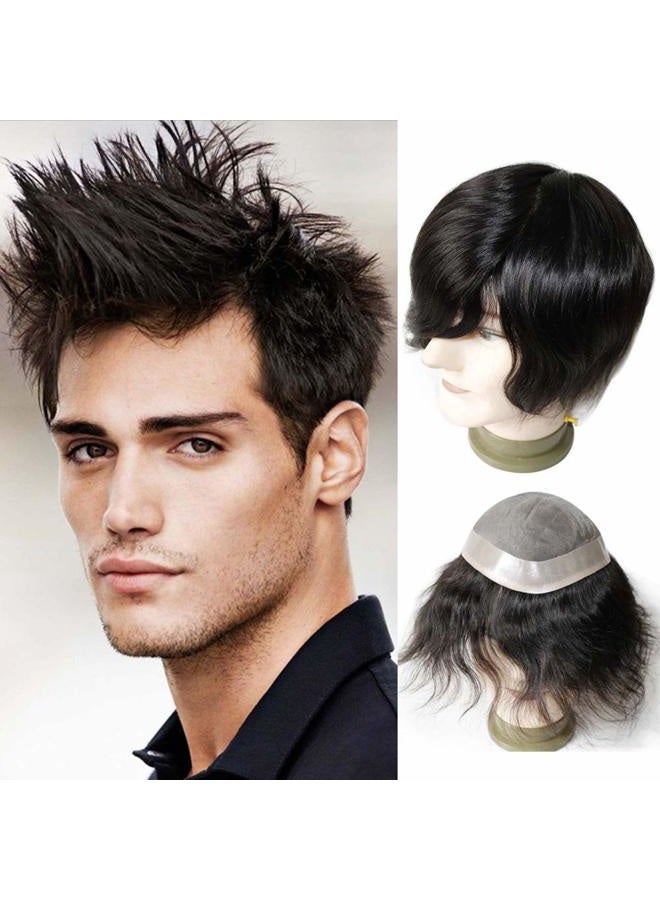 Lumeng Toupee Men Wigs Hairpiece Male Hair Unit Bolding Man Replacement 100% Human Hair Mono Lace With Npu Around Lace Systems 6x8 Inch 6 Inch Length Color 1B Off Black - Image 1