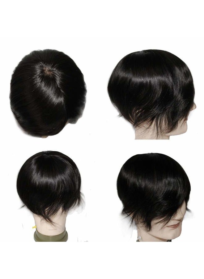 Lumeng Toupee Men Wigs Hairpiece Male Hair Unit Bolding Man Replacement 100% Human Hair Mono Lace With Npu Around Lace Systems 6x8 Inch 6 Inch Length Color 1B Off Black - Image 2