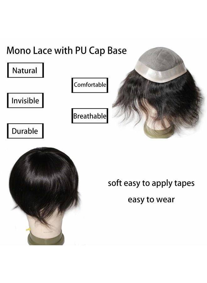 Lumeng Toupee Men Wigs Hairpiece Male Hair Unit Bolding Man Replacement 100% Human Hair Mono Lace With Npu Around Lace Systems 6x8 Inch 6 Inch Length Color 1B Off Black - Image 4