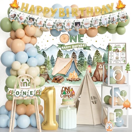 Fiesec One Happy Camper Birthday Decorations  100 PCs Camping 1st Party Supplies Set with Backdrop Balloon Garland Banner Box Cake Topper Crown First Birthday Poster - Image 1