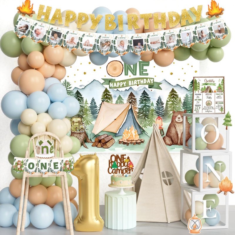 Fiesec One Happy Camper Birthday Decorations  100 PCs Camping 1st Party Supplies Set with Backdrop Balloon Garland Banner Box Cake Topper Crown First Birthday Poster - Image 2