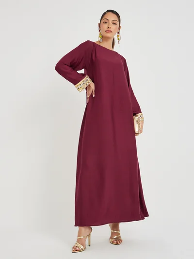 Styli Lace Trim Boat Neck A-Line Jalabyia