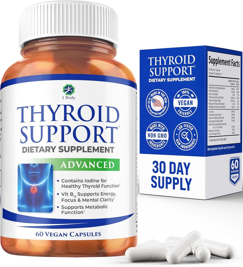 1 Body Thyroid Support Supplement for Women and Men Energy Focus Formula Vegetarian NonGMO Iodine Vitamin B12 Complex Zinc Selenium Ashwagandha Copper Coleus Forskohlii More 30 Day Supply - Image 1