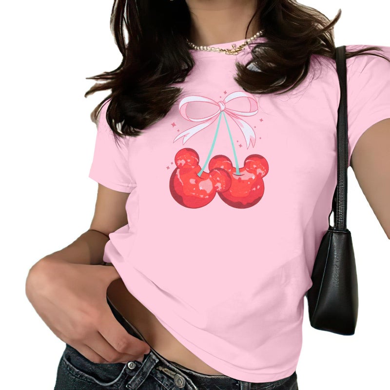 LUKYCILD Pink Bow Cherries Shirt Women: Coquette Tops Clean Girl Aesthetic Shirts Casual Summer Short Sleeve Tshirt - Image 1