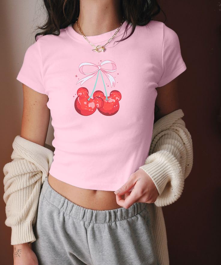 LUKYCILD Pink Bow Cherries Shirt Women: Coquette Tops Clean Girl Aesthetic Shirts Casual Summer Short Sleeve Tshirt - Image 2