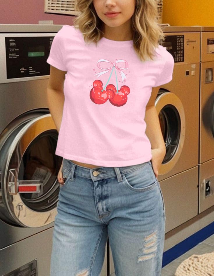 LUKYCILD Pink Bow Cherries Shirt Women: Coquette Tops Clean Girl Aesthetic Shirts Casual Summer Short Sleeve Tshirt - Image 3