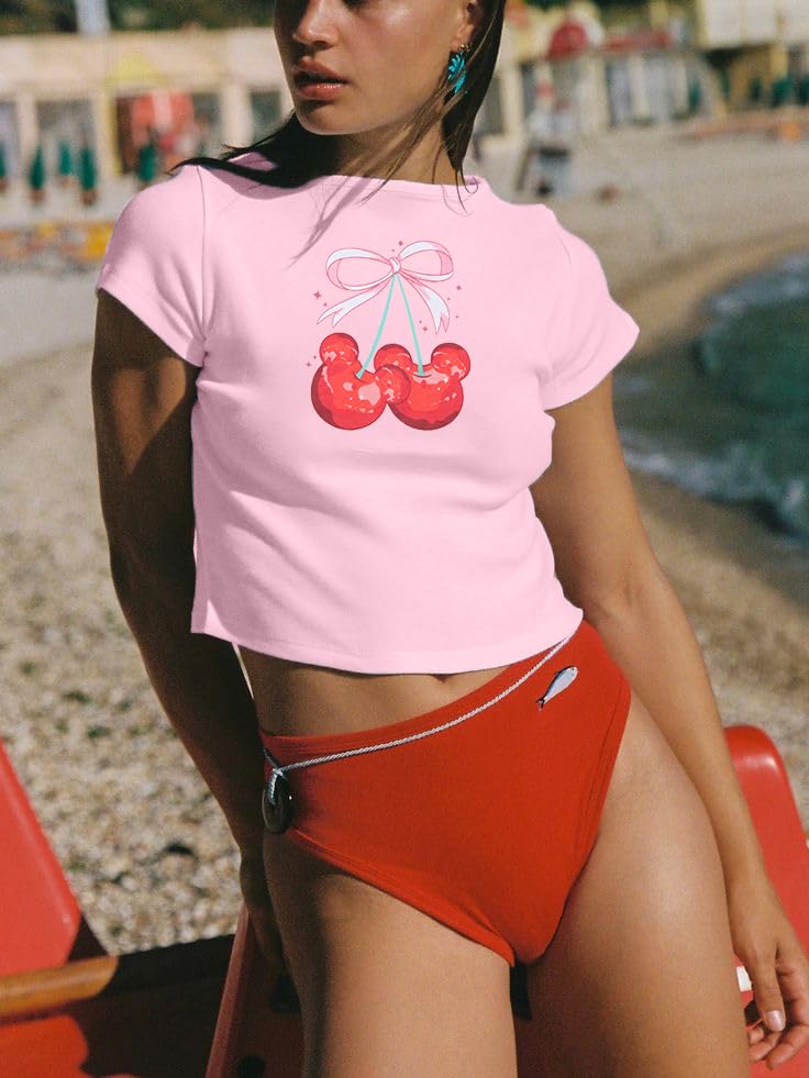 LUKYCILD Pink Bow Cherries Shirt Women: Coquette Tops Clean Girl Aesthetic Shirts Casual Summer Short Sleeve Tshirt - Image 5