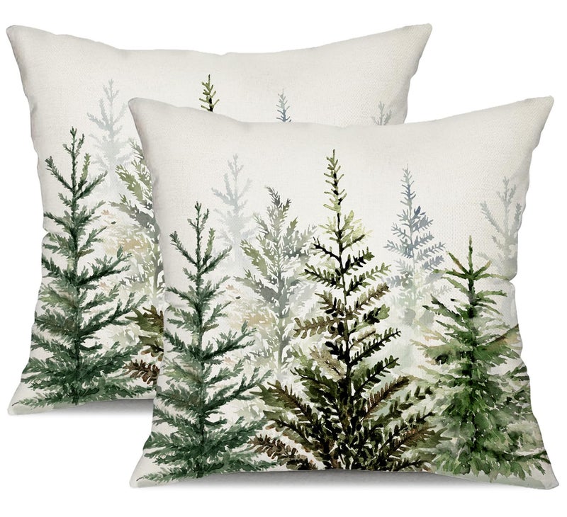 DFXSZ Christmas Pillow Covers 18x18 inch Set of 2 Watercolor Blue Green Christmas Tree Rustic Style Nature Forest Print Decorative Throw Pillows Winter Xmas Decor TH32B18