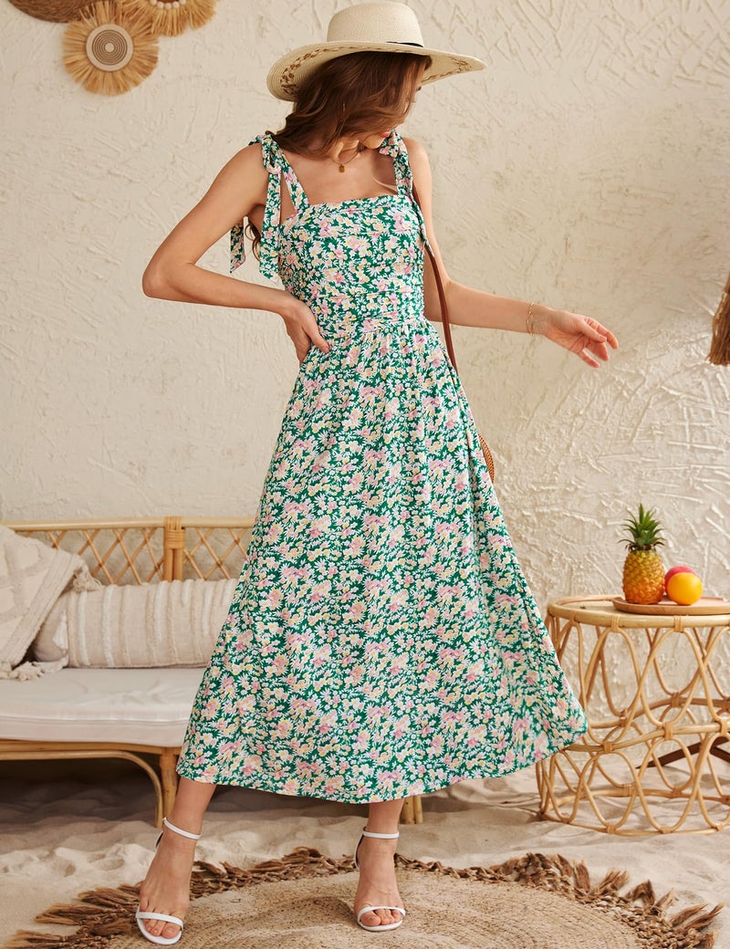 Zattcas Womens 2026 Summer Spaghetti Strap Floral Maxi Dress with Pockets Square Neck Sleeveless Petite Flowy Long Sundresses Beach Vacation Wedding Guest Dresses Green S - Image 2