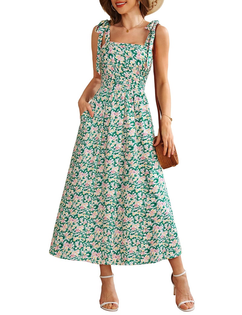 Zattcas Womens 2026 Summer Spaghetti Strap Floral Maxi Dress with Pockets Square Neck Sleeveless Petite Flowy Long Sundresses Beach Vacation Wedding Guest Dresses Green S - Image 1