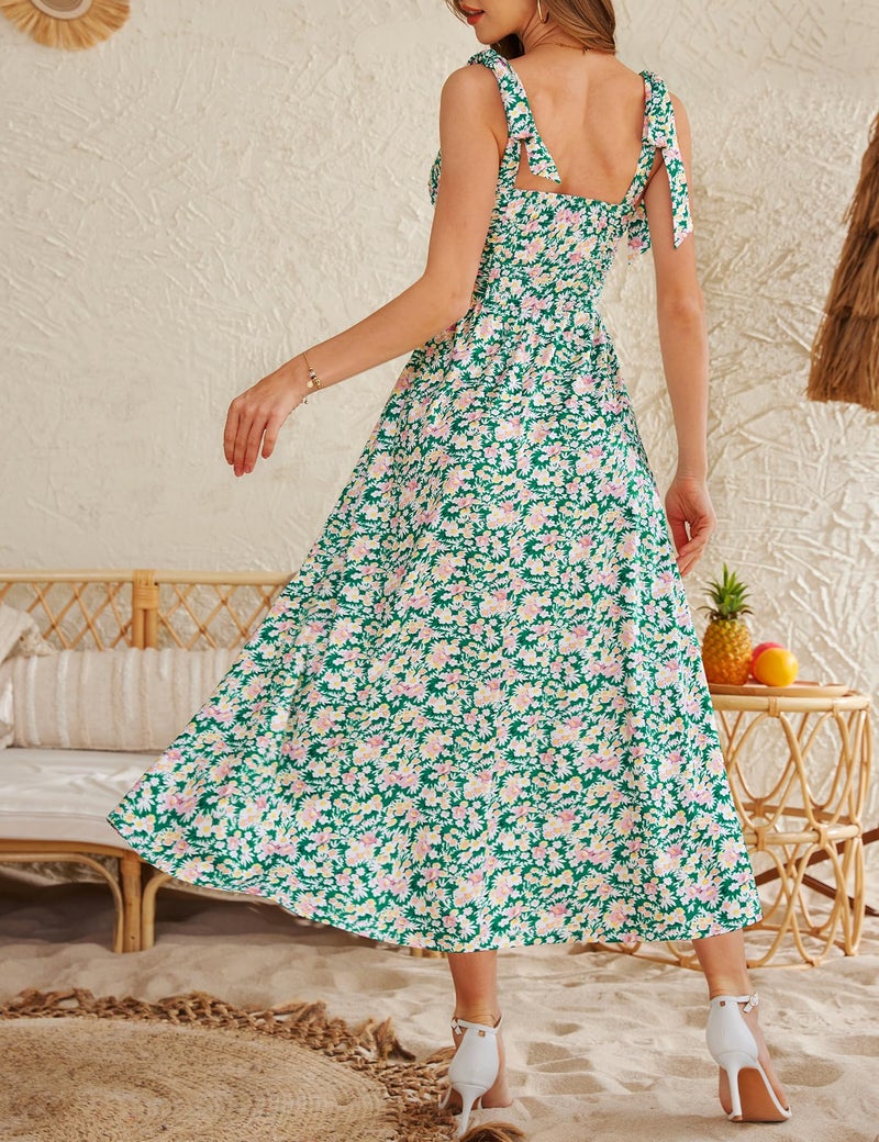 Zattcas Womens 2026 Summer Spaghetti Strap Floral Maxi Dress with Pockets Square Neck Sleeveless Petite Flowy Long Sundresses Beach Vacation Wedding Guest Dresses Green S - Image 4