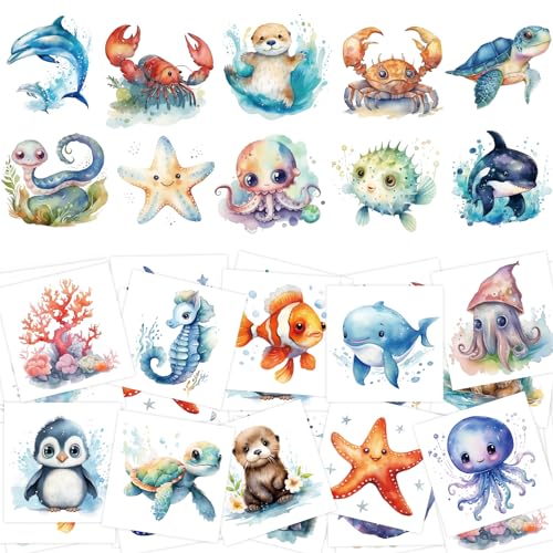 Fancy Land 140Pcs Ocean Animals Temporary Tattoos for Kids Under the Sea Creature Individual Tattoos for Ocean Theme Birthday Party Decoration Favors Baby Shower Supplies Goodie Bag Stuffers - Image 1