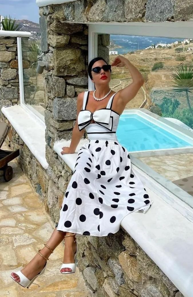 FLAXMAKER Black and White Swimsuit Bow-tie Decor Women's Polka dot Print Skirt One Piece Bathing Suit with Skirt(White,S) - Image 4