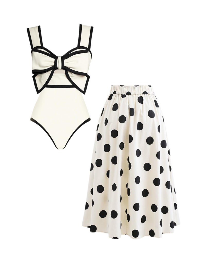 FLAXMAKER Black and White Swimsuit Bow-tie Decor Women's Polka dot Print Skirt One Piece Bathing Suit with Skirt(White,S) - Image 1