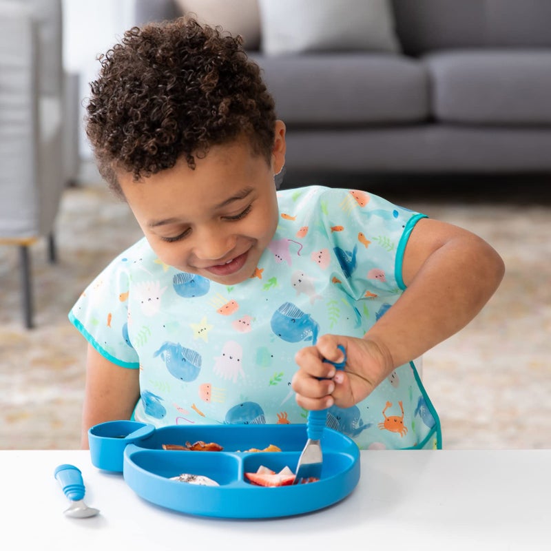 Bumkins Toddler Utensils, Kids Size Fork and Spoon Set, Silicone and Stainless-Steel Training Silverware, Angled Forks / Sporks for Self-Feeding, Children Hold Learning to Eat, 18 Mos Up, Dark Blue - Image 3