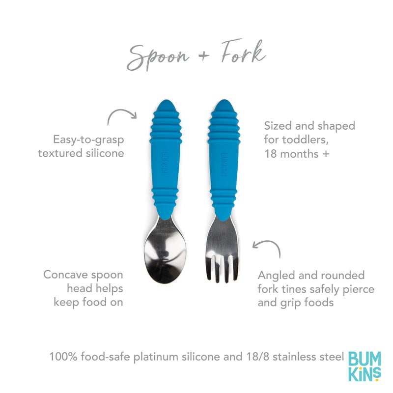 Bumkins Toddler Utensils, Kids Size Fork and Spoon Set, Silicone and Stainless-Steel Training Silverware, Angled Forks / Sporks for Self-Feeding, Children Hold Learning to Eat, 18 Mos Up, Dark Blue - Image 5