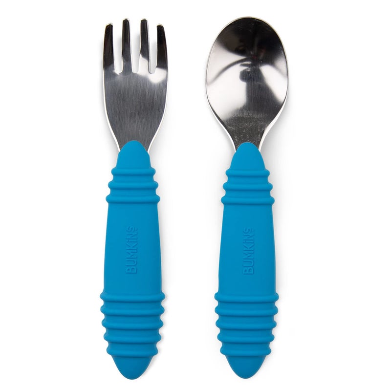 Bumkins Toddler Utensils, Kids Size Fork and Spoon Set, Silicone and Stainless-Steel Training Silverware, Angled Forks / Sporks for Self-Feeding, Children Hold Learning to Eat, 18 Mos Up, Dark Blue - Image 1