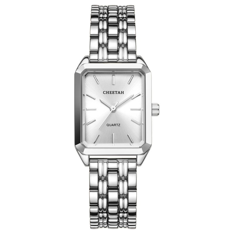 CHEETAH Womens SilverTone Dainty Watch Retro Style Rectangular Case and Stainless Steel Band Gift for Her - Image 2