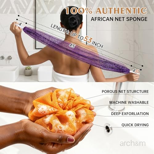 ARCH&M African Exfoliating Net Sponge - 53" Extra-Long Loofah Exfoliating Bath Sponge, Quick-Dry Mesh Body Scrubber for Women and Men Daily Use Body Care, Gentle for Sensitive Skin, Travel Spa Gifts - Image 2