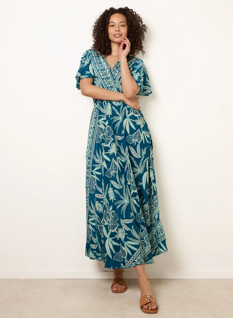 بلو فانيلا Wrap Over Angel Sleeve Shirred Maxi Dress
