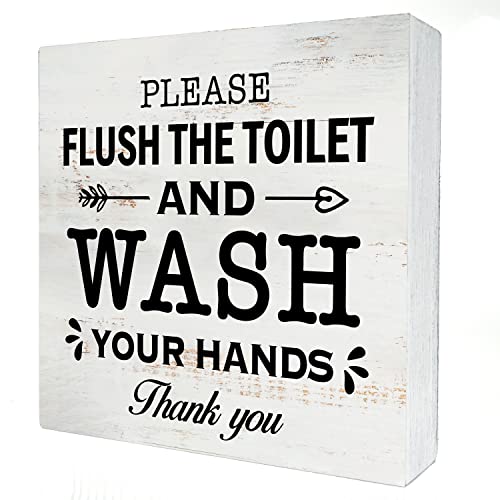 HDKY Please Flush the Toilet Wood Box Sign Home Decor Rustic Wash Your Hands Wooden Box Sign Block Plaque for Wall Tabletop Desk Home Bathroom Decoration 5" x 5" - Image 1