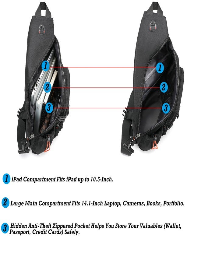 NICGID Sling Bag Backpack, 13.3'' 14.1'' Laptop Bag Crossbody Shoulder Chest Backpacks Travel Outdoors for Men Women (Black-2609, 14.1-Inch) - Image 4