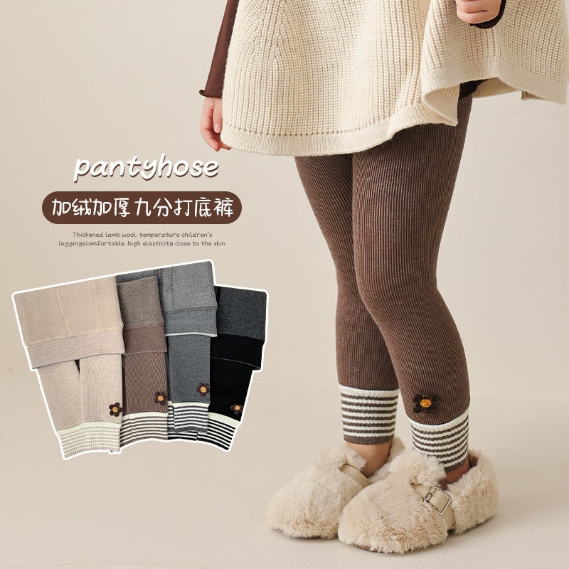 Girls' Fleece-Lined Thick Warm One-Piece Leggings Children'S Open Crotch Flower Pantyhose Baby - Image 4